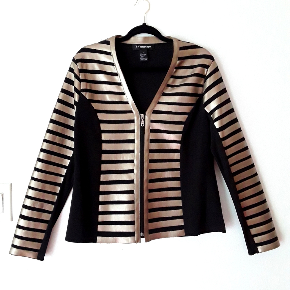 T&W DESIGNS Gold & Black Vegan Leather/knit Suit Jacket Blazer Coat NWOT  sz L